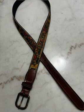 Vintage Croakies Ribbon Belt Brown Leather Indigenous Totem Southwestern M 38
